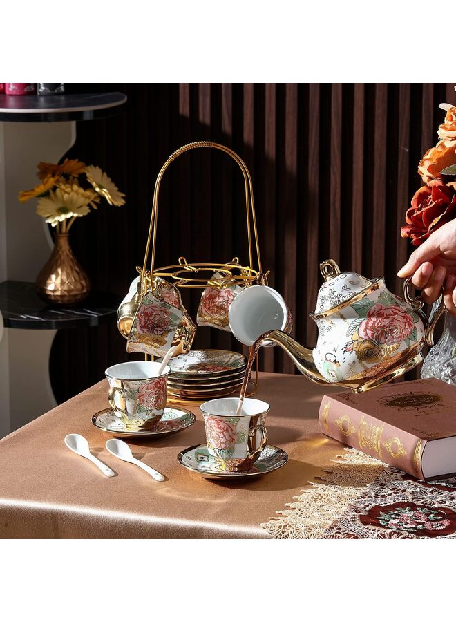 يُسلِّم طقم شاي من البورسلين مكون من 20 قطعة مع حامل معدني وملعقة، طقم شاي سيراميك مزين برسومات زهور أوروبية، إبريق شاي، كوب، صحن، وملعقة، للنساء، مقاس كبير - Image 4